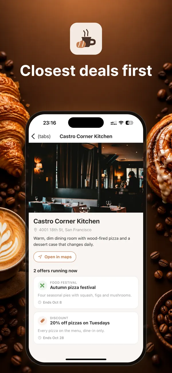 Café page with photos and the offers running now